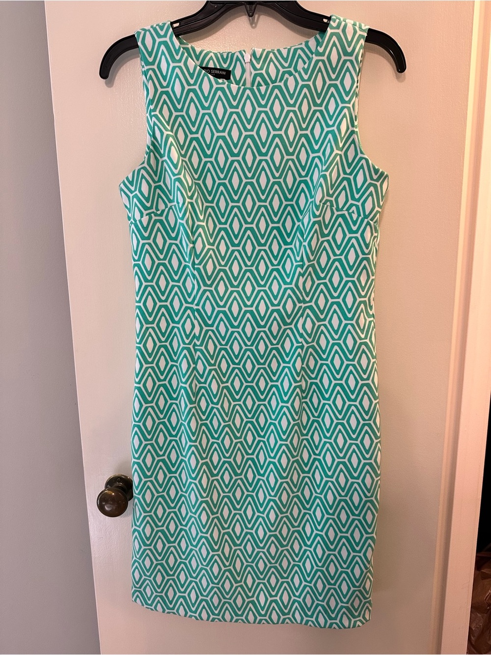 Mario Serrani Teal and White Geometric Midi Sheath Dress